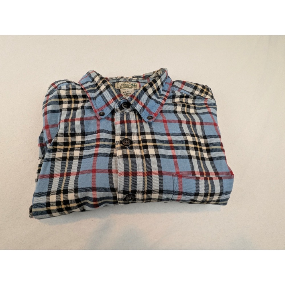 LL Bean Mens XXL Tall Flannel Shirt Blue Red Plaid Cotton Button Down 0BHG6 - Picture 8 of 14